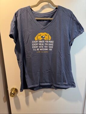 Women’s Life Is Good Blue V-Neck Tee with Yellow Dog Graphic